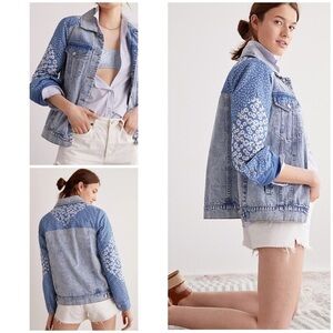 NWT Anthropologie AVEC LES FILLES Floral Patchwork Blue Denim Jacket  S​​​​